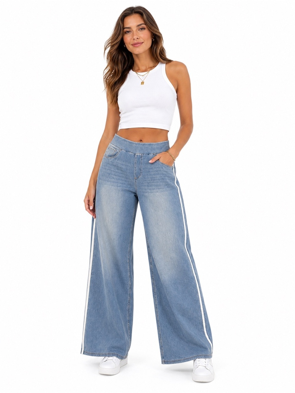 HALARA Light Blue Wide-Leg Side-Stripe Jeans